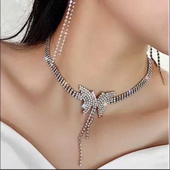 Butterfly Crystal Tassel Choker Rhinestone Necklace - Picture 4 of 10